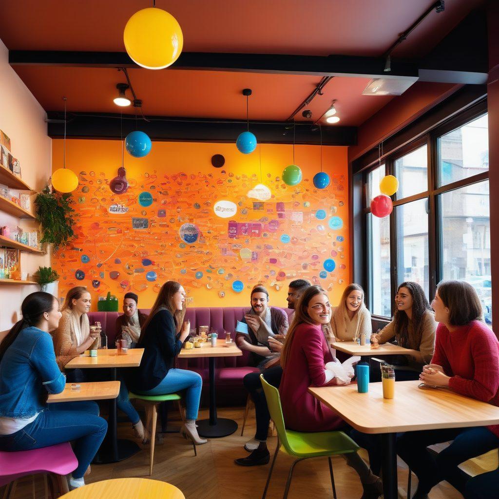 A dynamic scene of diverse people actively discussing and sharing ideas in a bright, modern café, surrounded by colorful Hibb merchandise and trending gadgets. Include thought bubbles with snippets of current trends and stories, vibrant atmosphere filled with laughter and creativity. Emphasize a sense of community and engagement. vibrant colors. 3D.
