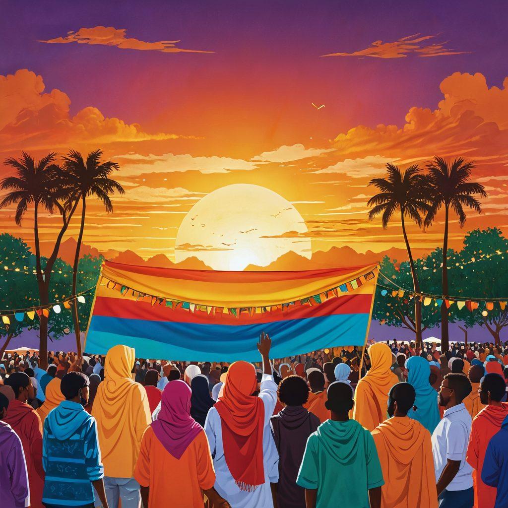 A vibrant community gathering centered around the theme of Hibb, showcasing a diverse group of enthusiastic individuals sharing stories and tips. Include colorful banners and symbols representing various insights and experiences with Hibb. The background should be a warm sunset, inviting a sense of togetherness and empowerment. super-realistic. vibrant colors.